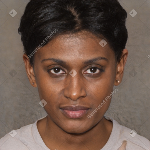 Neutral black young-adult female with short  black hair and brown eyes