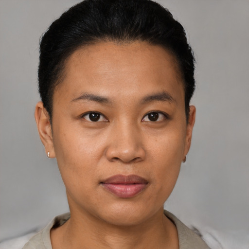 Joyful latino young-adult female with short  black hair and brown eyes