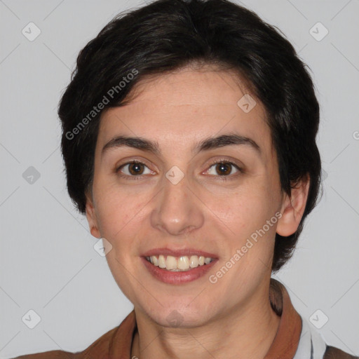 Joyful white young-adult female with medium  black hair and brown eyes