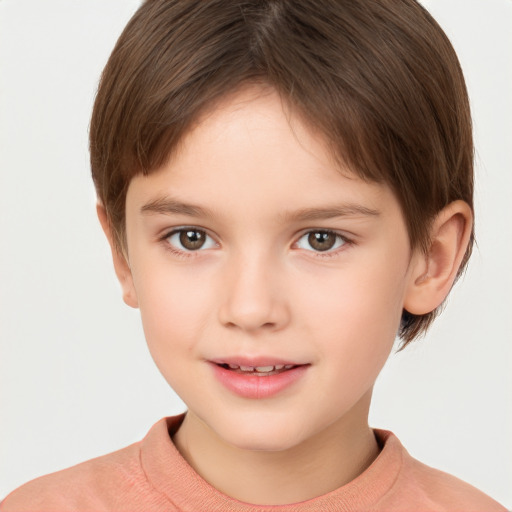 Joyful white child female with short  brown hair and brown eyes