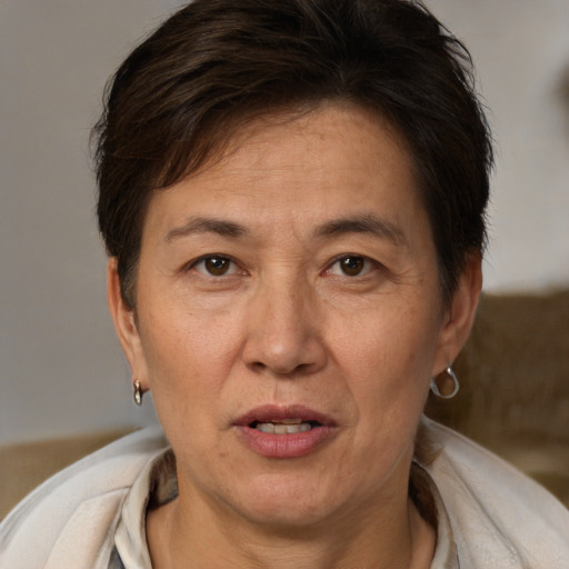 Joyful white adult female with short  brown hair and brown eyes