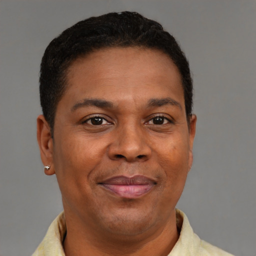 Joyful black adult male with short  brown hair and brown eyes
