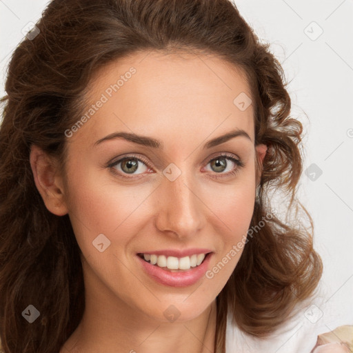 Joyful white young-adult female with long  brown hair and green eyes