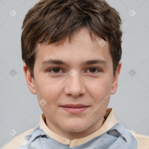 Joyful white child male with short  brown hair and brown eyes