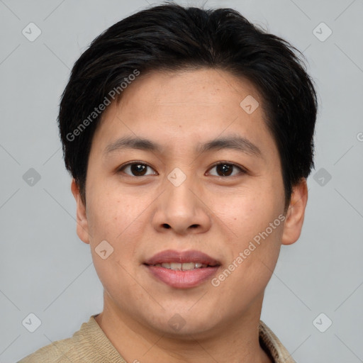 Joyful asian young-adult male with short  brown hair and brown eyes