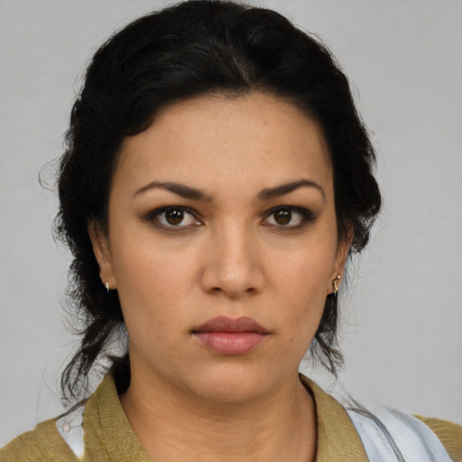 Neutral latino young-adult female with medium  brown hair and brown eyes