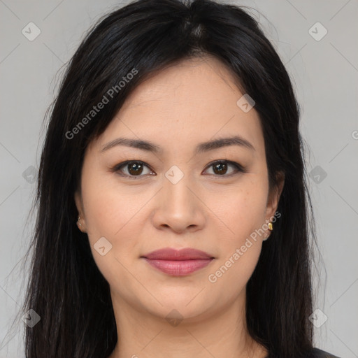 Joyful asian young-adult female with long  brown hair and brown eyes