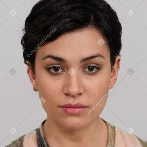 Neutral white young-adult female with medium  brown hair and brown eyes