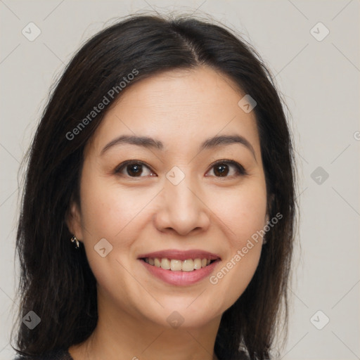 Joyful white young-adult female with long  brown hair and brown eyes