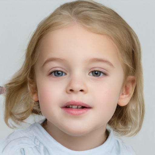 Neutral white child female with medium  brown hair and blue eyes