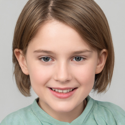 Joyful white child female with medium  brown hair and brown eyes