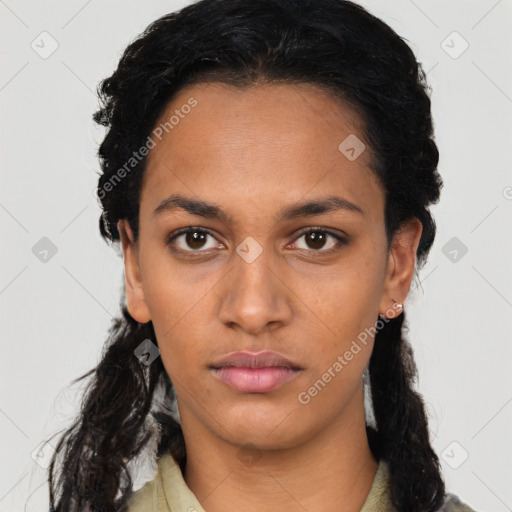 Neutral latino young-adult female with long  black hair and brown eyes