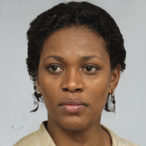 Neutral black young-adult female with short  black hair and brown eyes