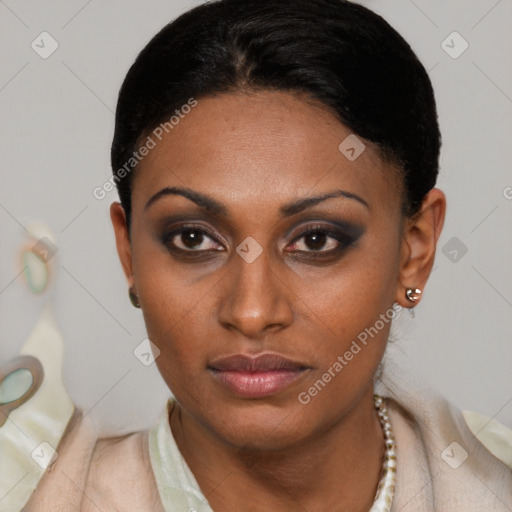 Neutral latino young-adult female with short  black hair and brown eyes