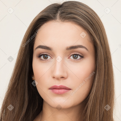 Neutral white young-adult female with long  brown hair and brown eyes