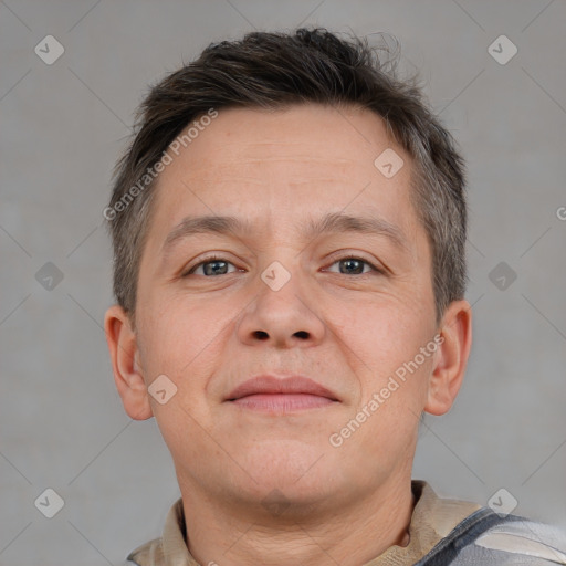 Neutral white adult male with short  brown hair and brown eyes