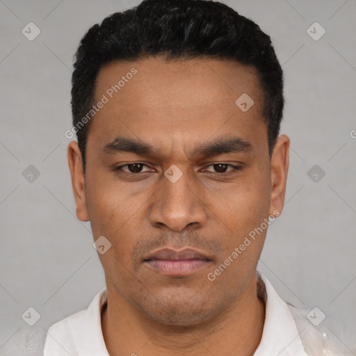Neutral latino young-adult male with short  black hair and brown eyes