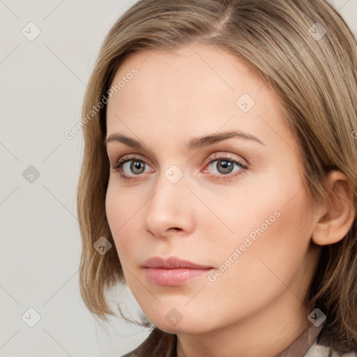 Neutral white young-adult female with long  brown hair and grey eyes