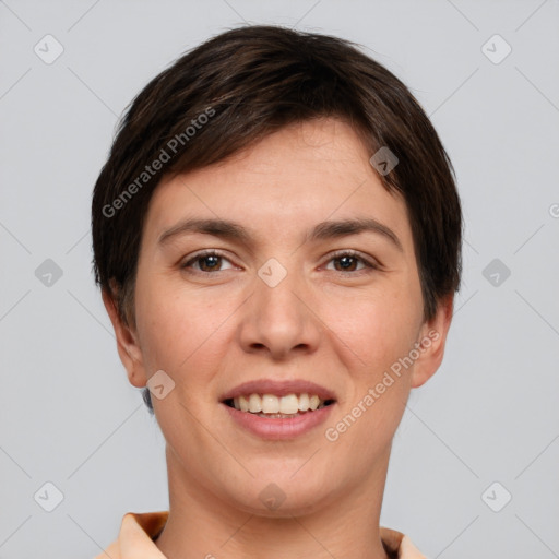 Joyful white young-adult female with short  brown hair and brown eyes