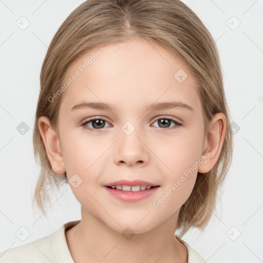 Joyful white child female with medium  brown hair and grey eyes