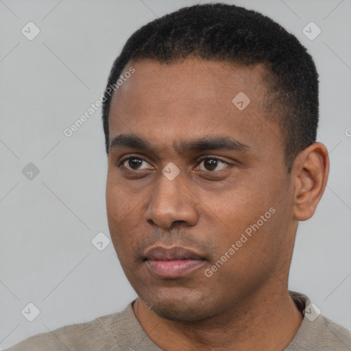 Neutral black young-adult male with short  black hair and brown eyes