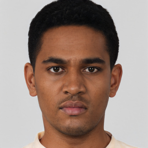 Neutral black young-adult male with short  black hair and brown eyes