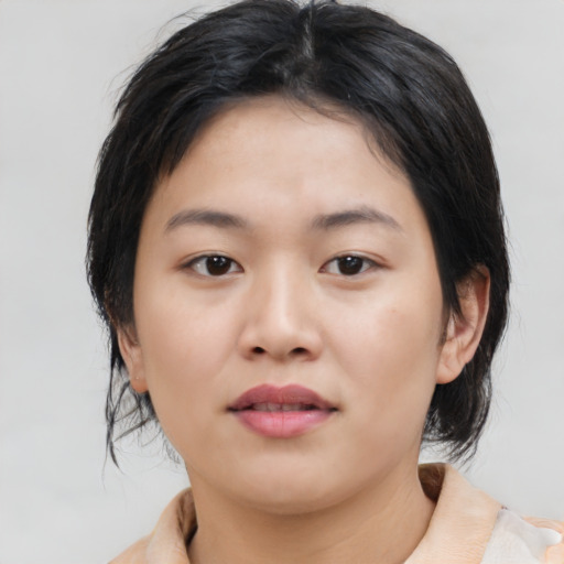 Neutral asian young-adult female with medium  brown hair and brown eyes
