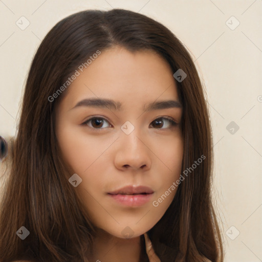 Neutral asian young-adult female with long  brown hair and brown eyes