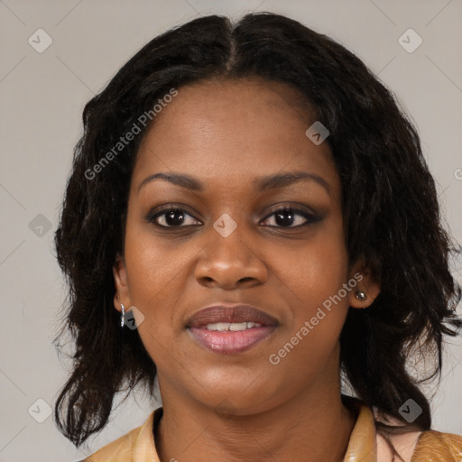 Joyful black young-adult female with medium  black hair and brown eyes