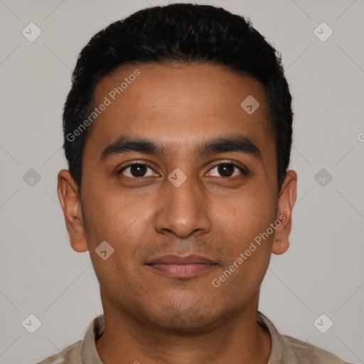 Neutral latino young-adult male with short  black hair and brown eyes
