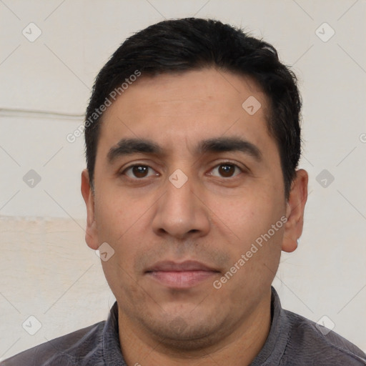 Neutral white adult male with short  black hair and brown eyes