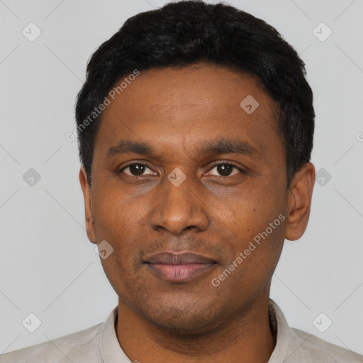 Neutral latino adult male with short  black hair and brown eyes