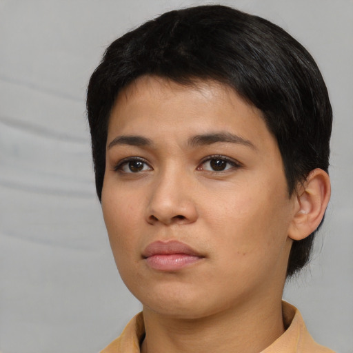 Neutral asian young-adult female with short  black hair and brown eyes