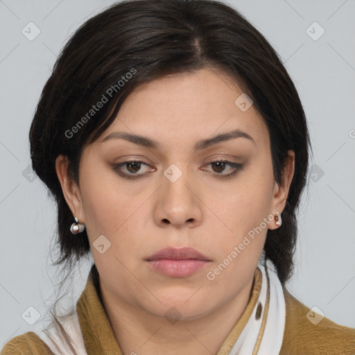 Neutral asian young-adult female with medium  brown hair and brown eyes