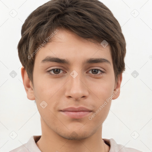 Neutral white young-adult male with short  brown hair and brown eyes