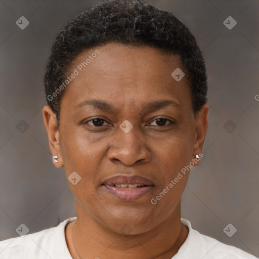 Joyful black adult female with short  brown hair and brown eyes