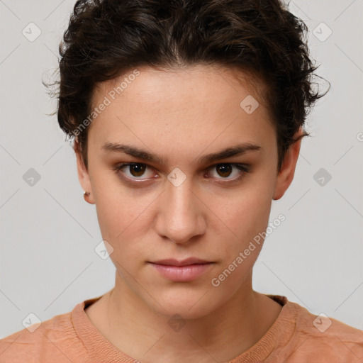 Neutral white young-adult female with short  brown hair and brown eyes