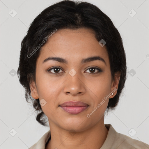 Joyful latino young-adult female with medium  brown hair and brown eyes