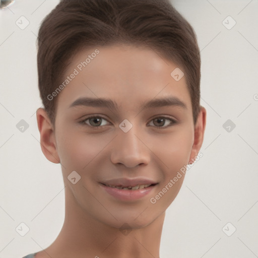 Joyful white young-adult female with short  brown hair and brown eyes