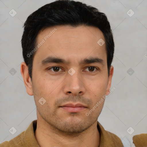 Neutral asian young-adult male with short  black hair and brown eyes