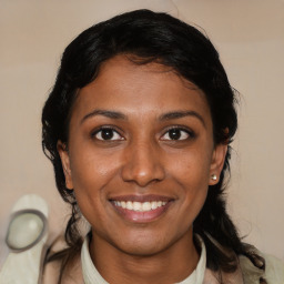 Joyful latino young-adult female with medium  black hair and brown eyes