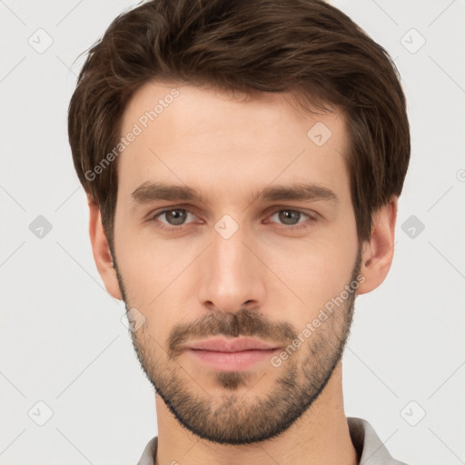 Neutral white young-adult male with short  brown hair and grey eyes