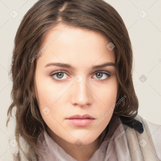 Neutral white young-adult female with medium  brown hair and brown eyes