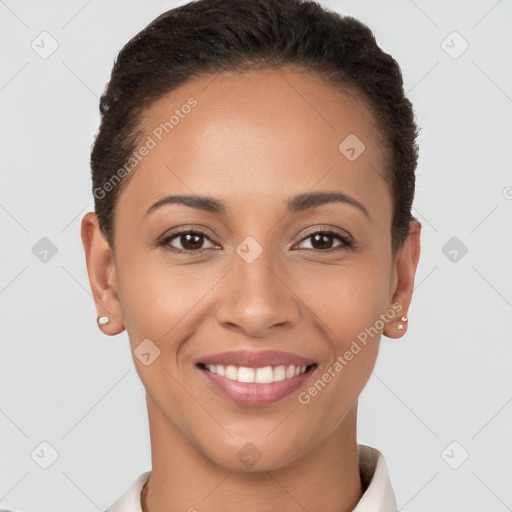 Joyful white young-adult female with short  brown hair and brown eyes