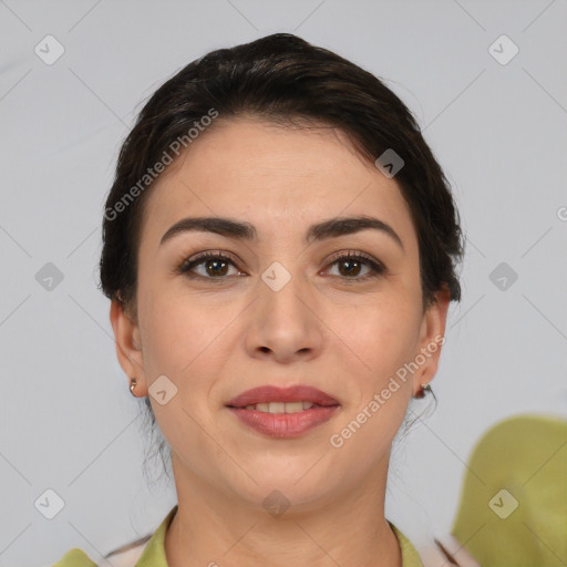 Joyful white young-adult female with medium  brown hair and brown eyes