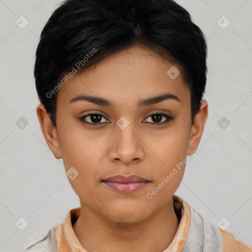 Neutral asian young-adult female with short  brown hair and brown eyes