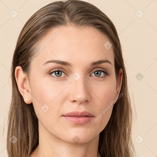 Neutral white young-adult female with long  brown hair and grey eyes