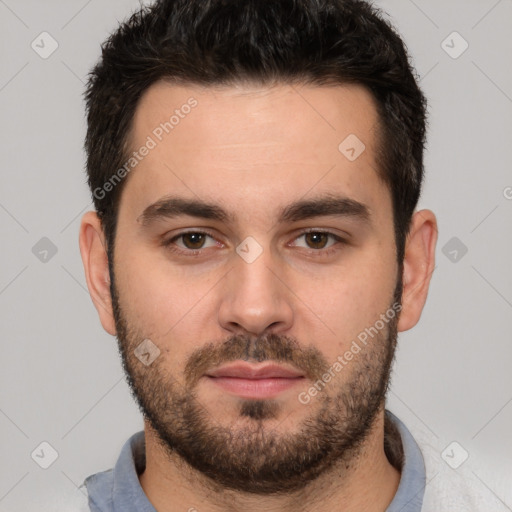 Neutral white young-adult male with short  brown hair and brown eyes