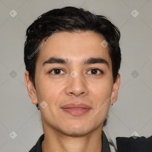 Joyful white young-adult male with short  black hair and brown eyes