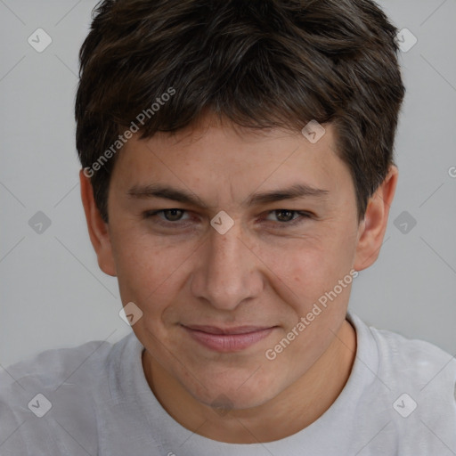 Joyful white adult male with short  brown hair and brown eyes